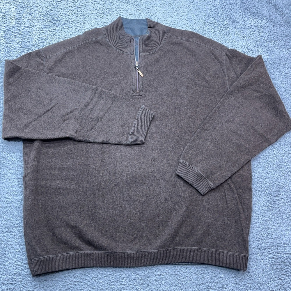 Tommy Bahama 1/4 Zip Sweater Mens 2XL Brown Mock Neck Heavy Pullover Long Sleeve